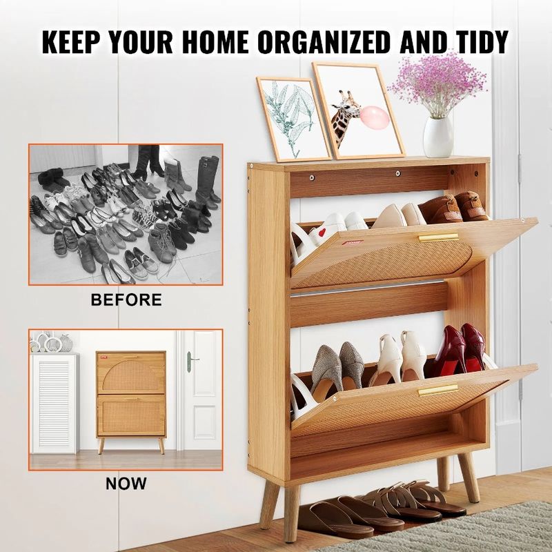 Armadio portascarpe con ante e cassetti per ingresso, 2 ripiani in rattan per scarpe, con organizer ribaltabile, in piedi, gratuito_voghion.com