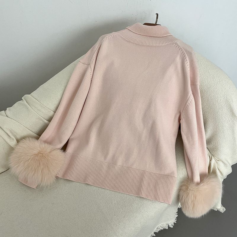 Damenbekleidung Heißer Verkauf Damen Herbst und Winter neuer verdickter hochgeschlossener lockerer Strickpullover mit abnehmbaren Manschetten aus echtem Fuchs_voghion.com