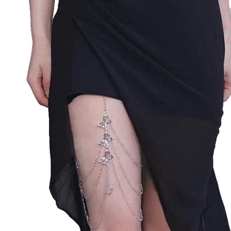 Catena per il corpo a farfalla dorata multistrato in pizzo elastico con personalità sexy esagerata a gamba calda in vendita_voghion.com