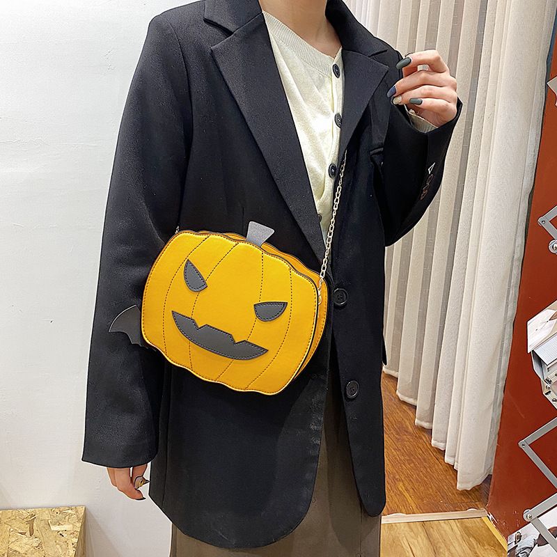 Borsa a tracolla con zucca glitterata a tema Halloween per donna - Borsa a tracolla in PU riflettente retrò con tasche con cerniera, accessorio alla moda e divertente_voghion.com