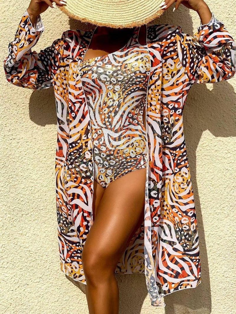 Set in due pezzi primavera calda con cappuccio a maniche lunghe europeo e americano 2024 con costume da bagno intero scavato con stampa retrò_voghion.com