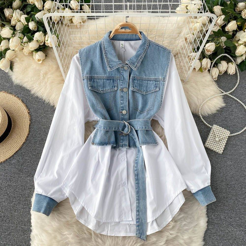 Damenbekleidung Polokragen Denim Zweiteiliges Langarmhemd Mit Nischen-Mittellanger Taille Und Schickem Oberteil_voghion.com