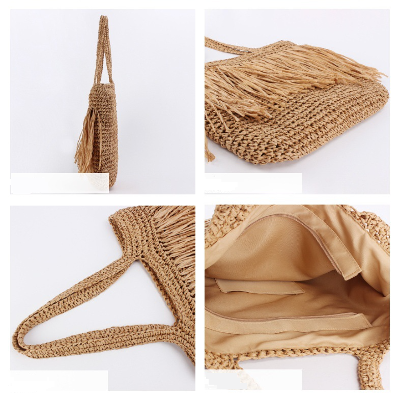 sac à pompon tissé à la main grande capacité sac de paille de voyage en bord de mer sac à bandoulière polyvalent à la mode_voghion.com