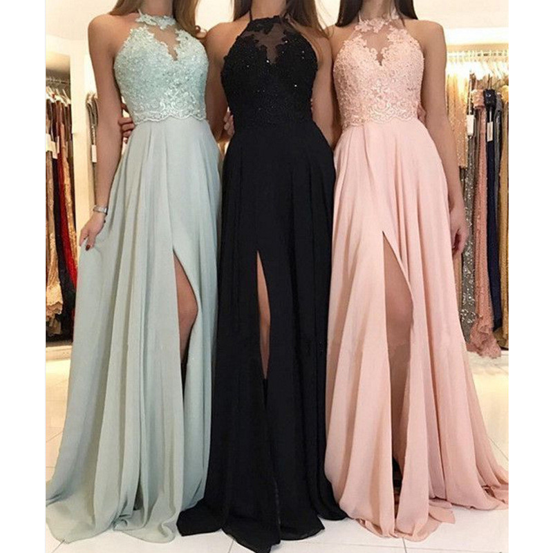 Damen Kleidung Neckholder Spitze Chiffon Kleid Ball Abendkleid Schlitz Langes Kleid Neu_voghion.com