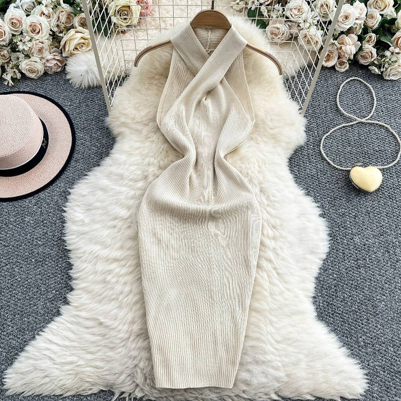 Women's Clothing Pure Desire Style Sexy Sleeveless Cross Halter Neck Knitted Dress Elastic Waist Slim Hip Skirt_voghion.com