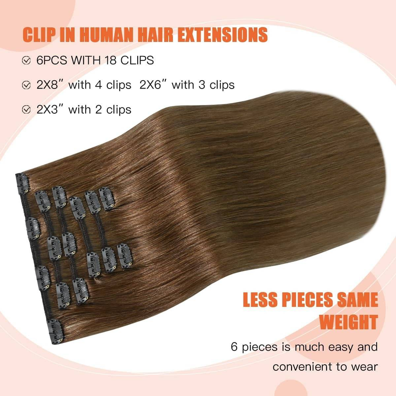 Clip-In-Haarverlängerungen, Echthaar, 18 Zoll, Hellbraun, Clip-In-Doppelschuss, 100 % Echthaar, Verlängerungen, 8 Stück, 100 g_voghion.com