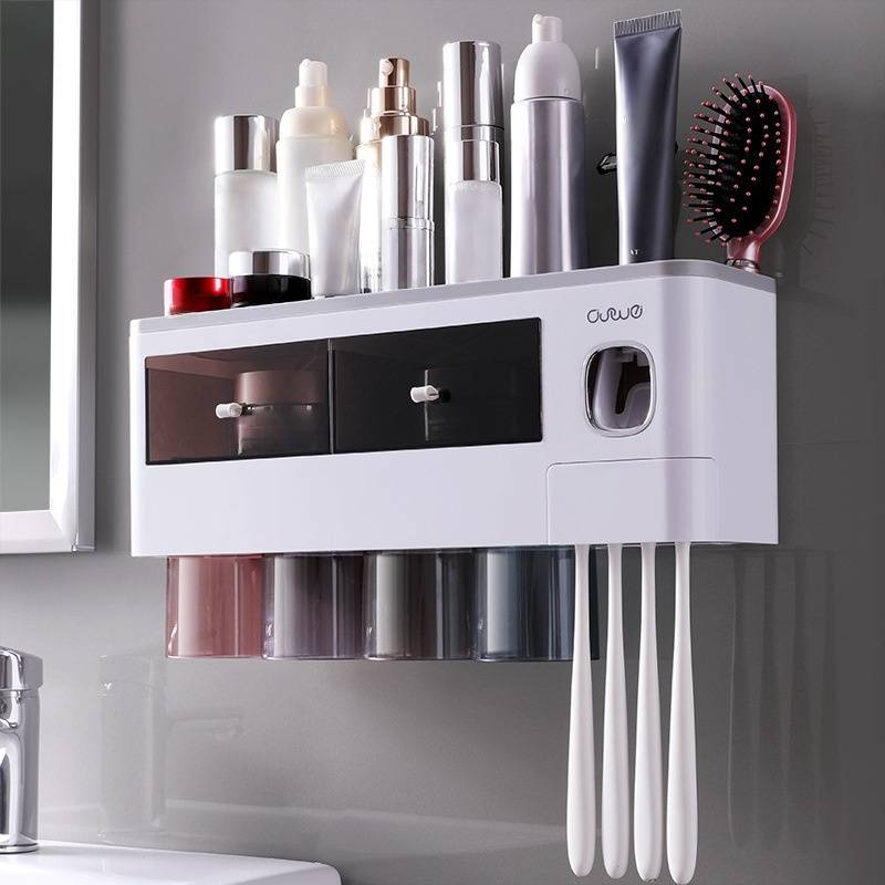Wall Mount Toothbrush Holder With Auto Toothpaste Dispenser & Storage Drawer - Space Saving Bathroom Organizer For Toothbrush, Cup & Essentials_voghion.com
