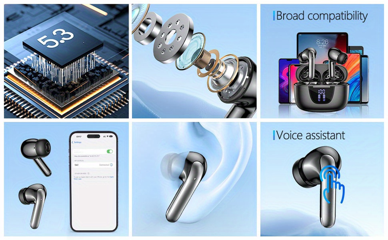 Wireless Earphone, Wireless 5.3 Headphones, 13MM Horn, 30H Playtime, Type-C Fast Charging Case, Stereo Wireless In-Ear Headphones For IPhone/Android _voghion.com