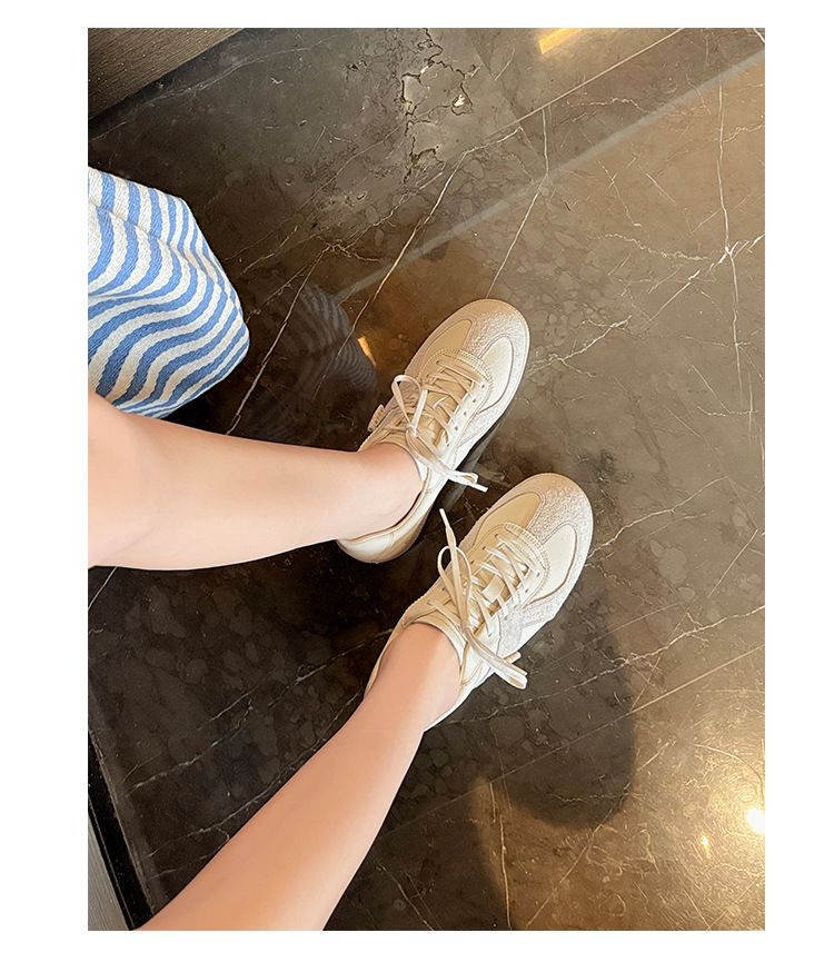 2025 Spring And Summer New Women's White Leather Color Block Patchwork Low Top Board Shoes, Flat German Trainers Fashionable Hundred_voghion.com