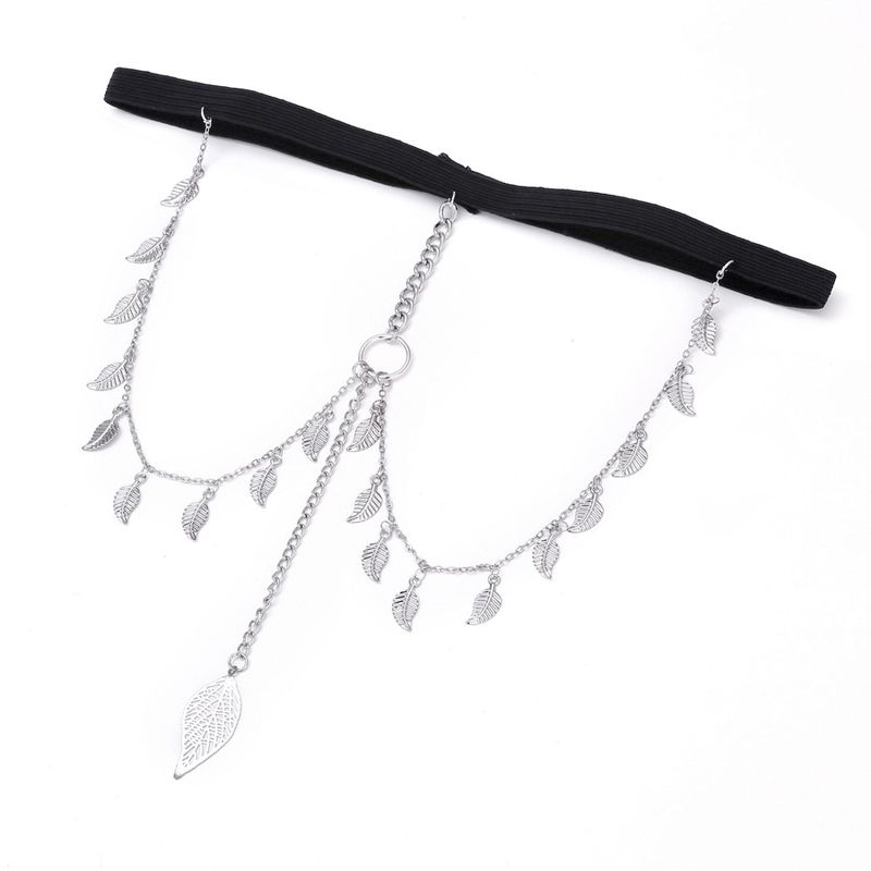 New Sexy Thigh Chain, Fashionable Black Elastic Leg Ring, Alloy Leaf Multi-layer Tassel, Trendy Body Chain_voghion.com