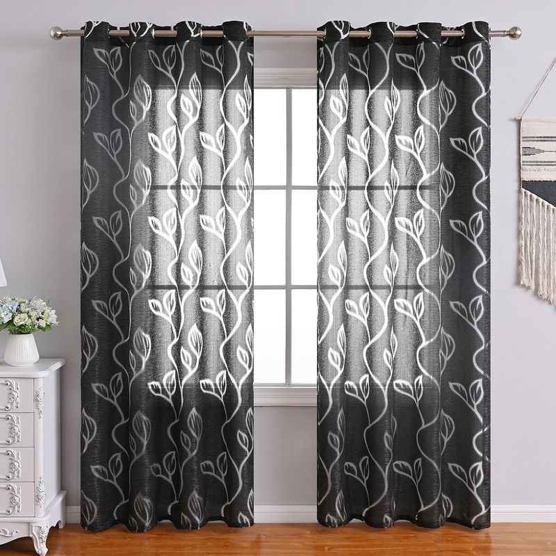 Floral Leaf Blackout Curtain - Bubble Textured Window Screen With Decorative Cut-Out Design_voghion.com