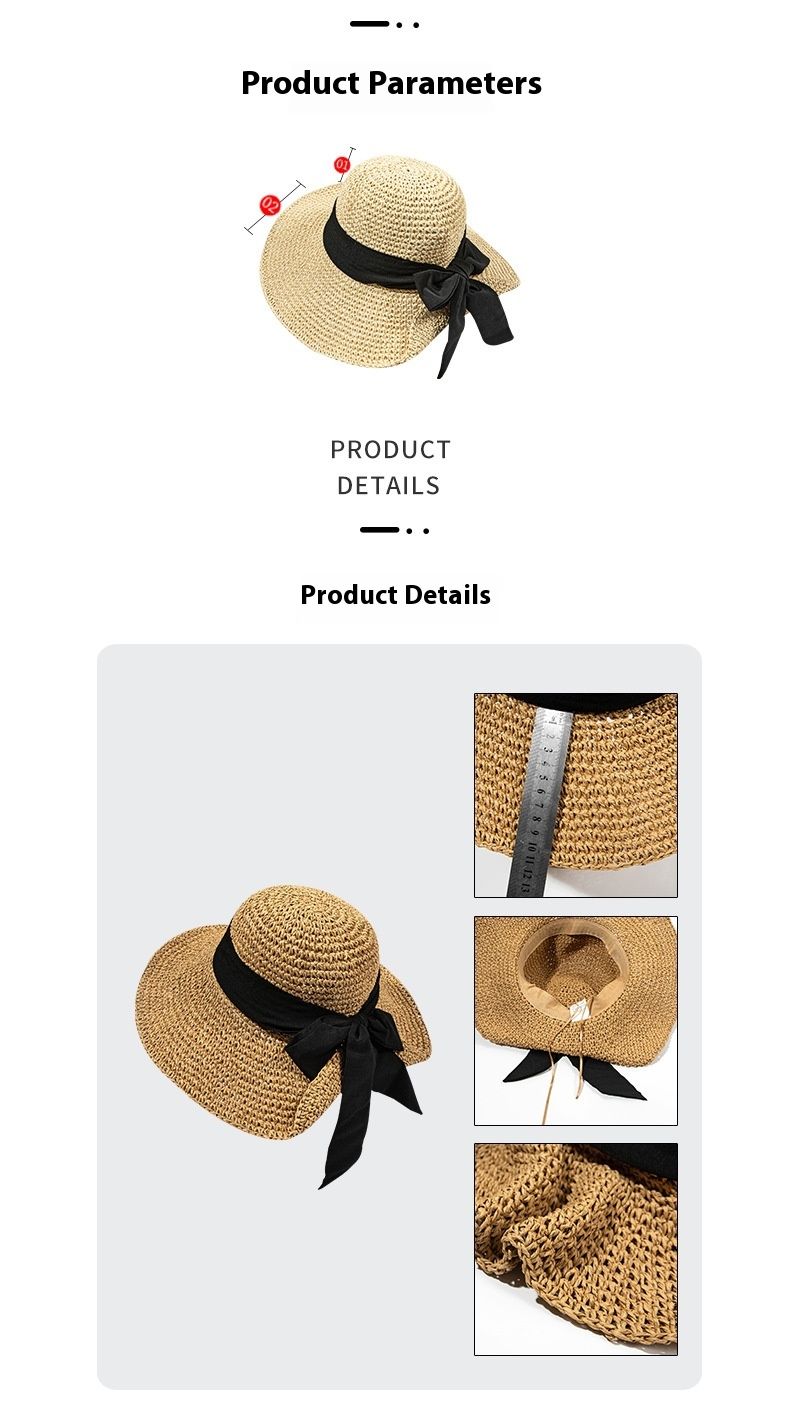 Instagram-Strohhut für Damen, Sommer, faltbarer Strandhut für Damen im Urlaub, Sonnenschutzhut mit Schleife, große Krempe, dünner, atmungsaktiver Strohhut_voghion.com