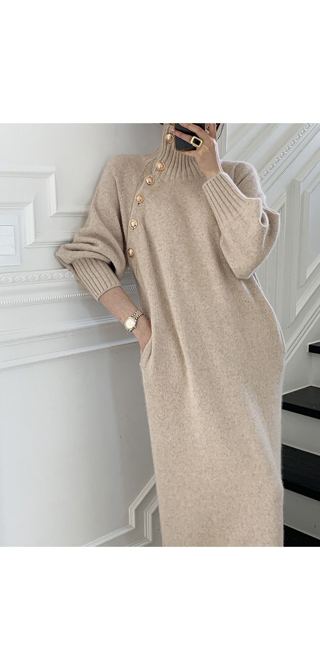 Abbigliamento da donna, abito lavorato a maglia con lacci in vita, maglione lungo versatile a collo alto dimagrante e sciolto per donna_voghion.com