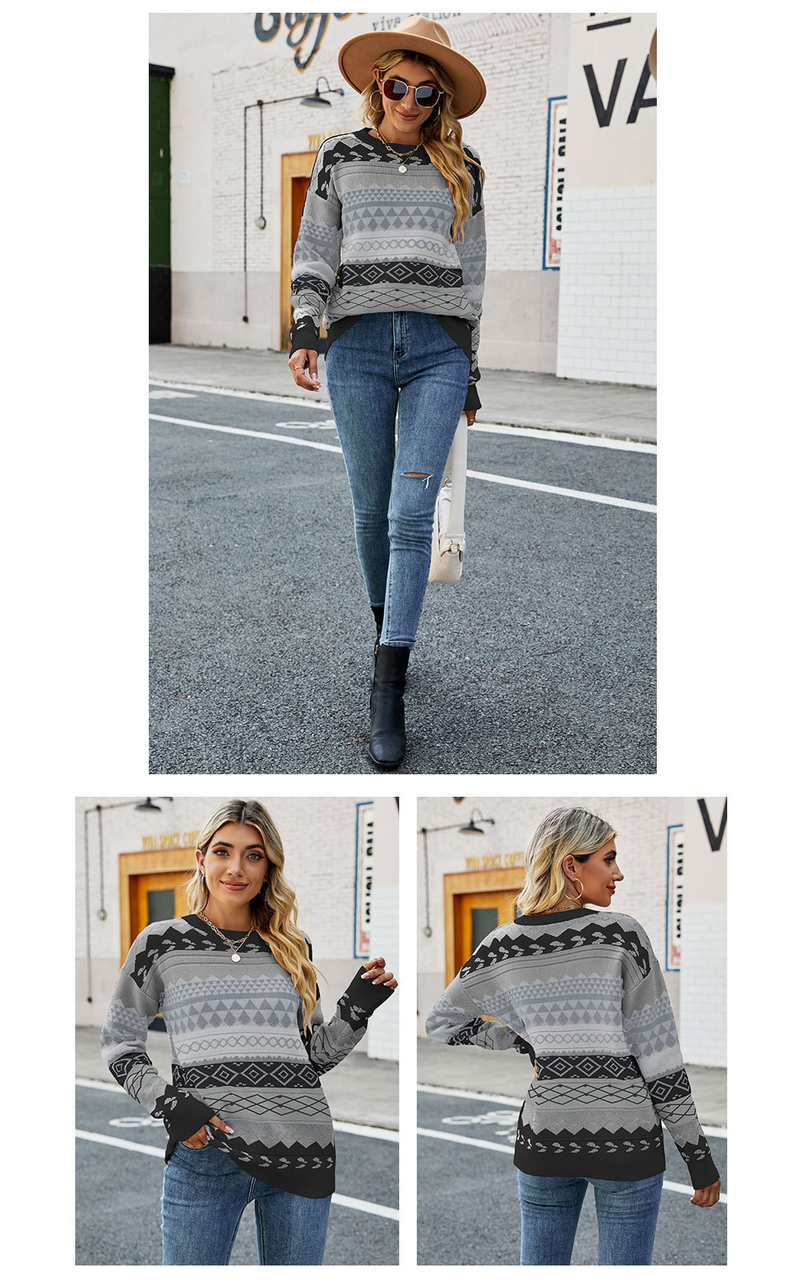 Women's clothing retro pattern diamond jacquard multi-color stitching sweater Halloween pullover sweater for women_voghion.com