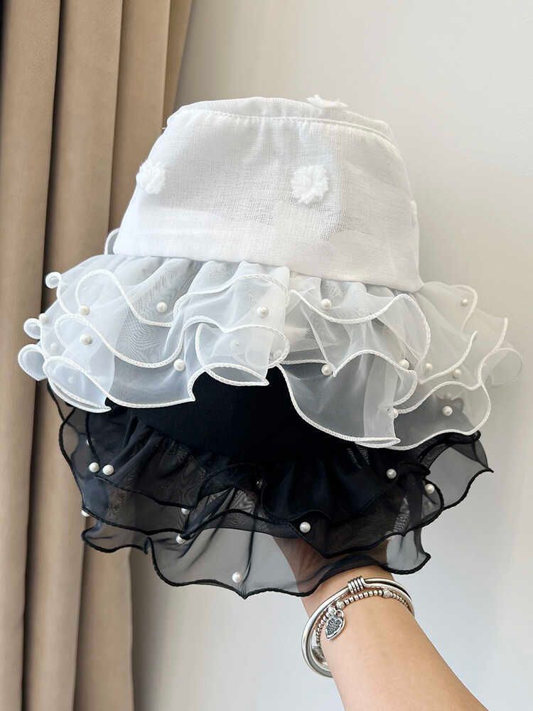 Cappello da pescatore con bordo piccolo Loli Pearl per bambini, da viaggio per scattare foto, parasole estivo, sottile, in rete, ondulato e traspirante, con bacino._voghion.com