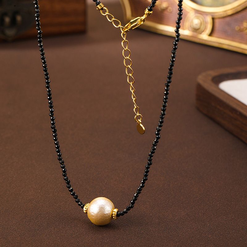 Collana con ciondolo in perle di cotone con cristalli neri a punta minimalista giapponese e coreano, versatile, leggera e lussuosa,_voghion.com