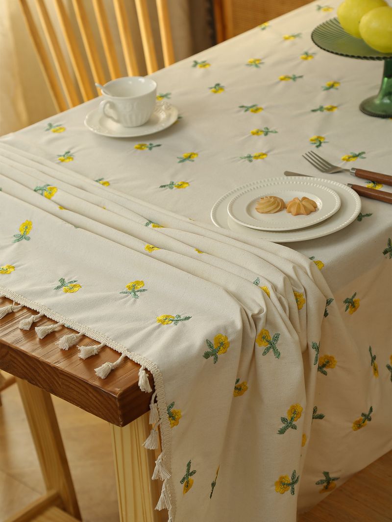 Luxury Waterproof Tablecloth - Pink Floral Embroidery On Linen, Stain & Dust Resistant For Dining Table (150x220cm, Machine Washable)_voghion.com