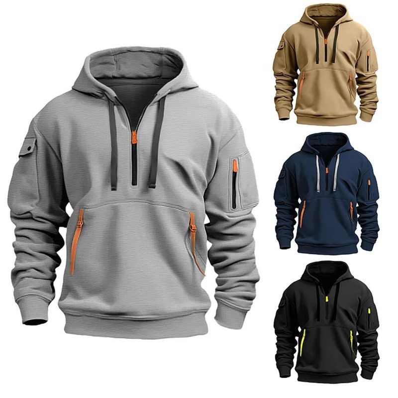 Felpa con cappuccio e zip da uomo, foderata in pile, con tasche multiple, giacca oversize da streetwear per abbigliamento casual autunnale_voghion.com