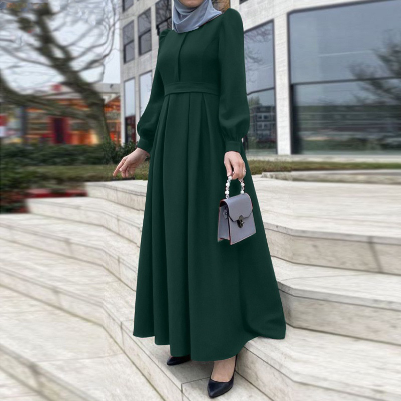 Damklänning Plus Size Klänning Puffärm Rundhals Enfärgad lång kjol Robe Klänning_voghion.com