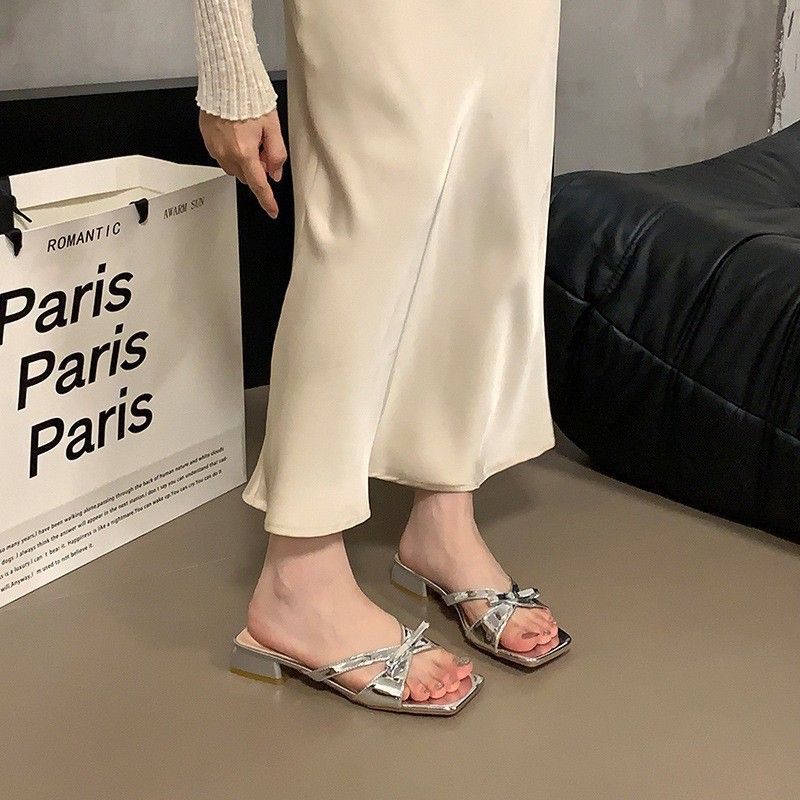 Französisch Satin Schleife Bodenlanges Kleid Sommer Neue Silber Abend Stil, Dicken Absatz Sandalen Modische Hundert Exquisite_voghion.com