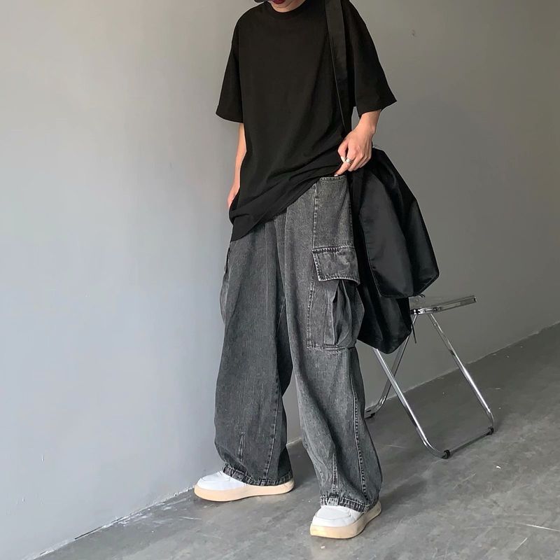 Moška oblačila, retro drape, ohlapne, široke, priložnostne, z velikimi žepi, delovna oblačila iz jeansa, oprane, za moške in ženske_voghion.com