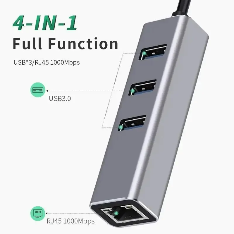 Adaptador USB 3.0 compacto para Ethernet RJ45 1000 Mbps + hub de 3 portas, conversor LAN multidispositivo para laptop/desktop/Steam Deck_voghion.com