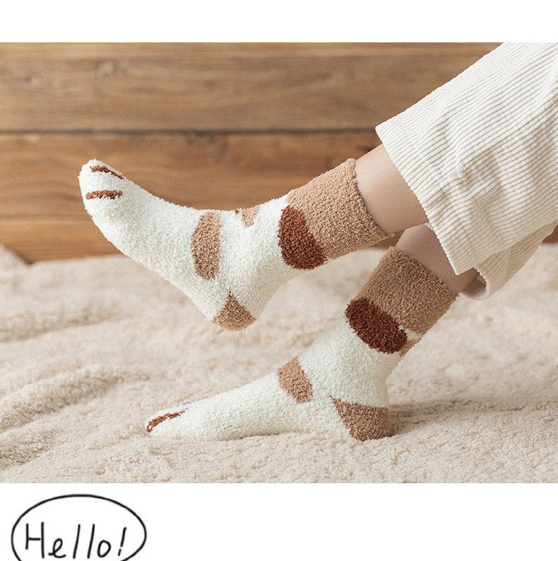 5 paia di calzini in pile corallo da donna, calzini termici in pile spesso per autunno e inverno, calzini tubolari medi, simpatici calzini da casa a forma di zampa di gatto, calzini da pavimento_voghion.com