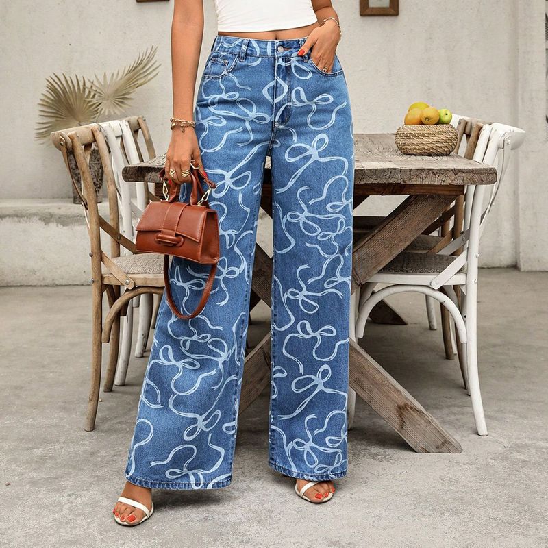 Pantaloni larghi in denim lavato da donna, casual, con stampa, a gamba larga - Comodi pantaloni a vita alta in misto cotone per tutti i giorni (blu, XS/S/M/L/XL)_voghion.com