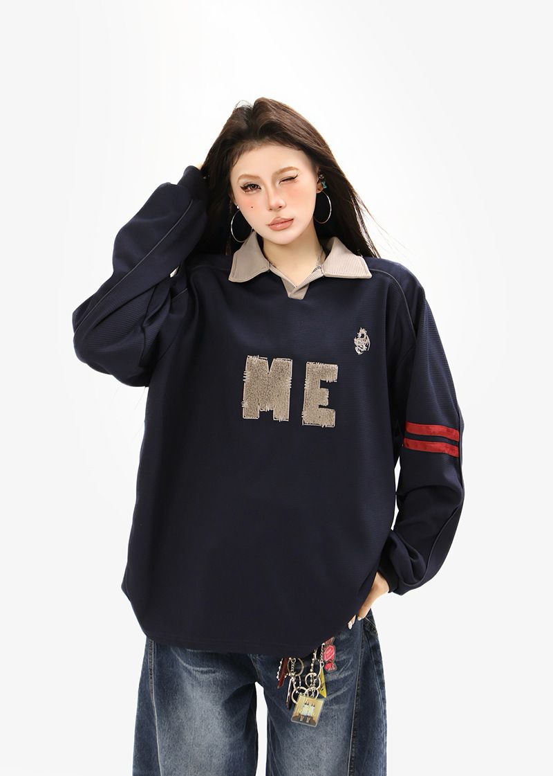 Sweat-shirt à col rabattu avec lettres brodées, style américain, unisexe, nouveau polo ample et décontracté en jersey 2025_voghion.com