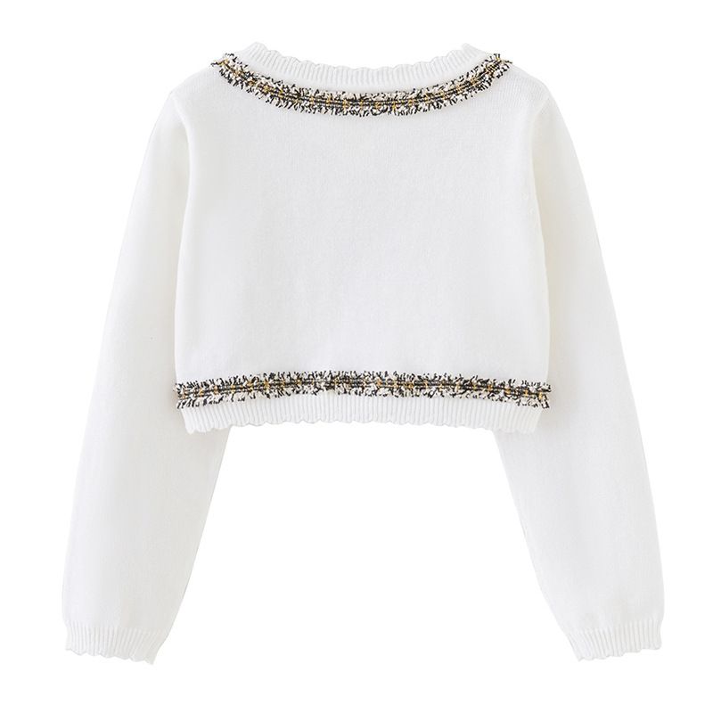Cardigan élégant en tricot d'inspiration victorienne pour mère et enfant, avec bordure en dentelle, léger et doux, en mélange de coton (blanc-rose/blanc-noir/violet-rose)_voghion.com