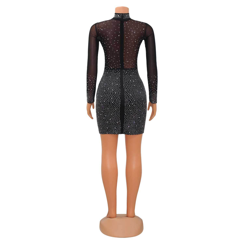 Damenbekleidung Modisches und sexy Mesh-Kleid mit langen Ärmeln und heißem Diamanten für Damen_voghion.com