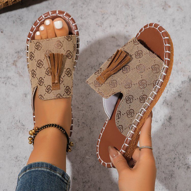 Women's Shoes Large Size Tassel Flat Bottomed One Strap Slippers Summer Outing Beach Women's Shoes_voghion.com