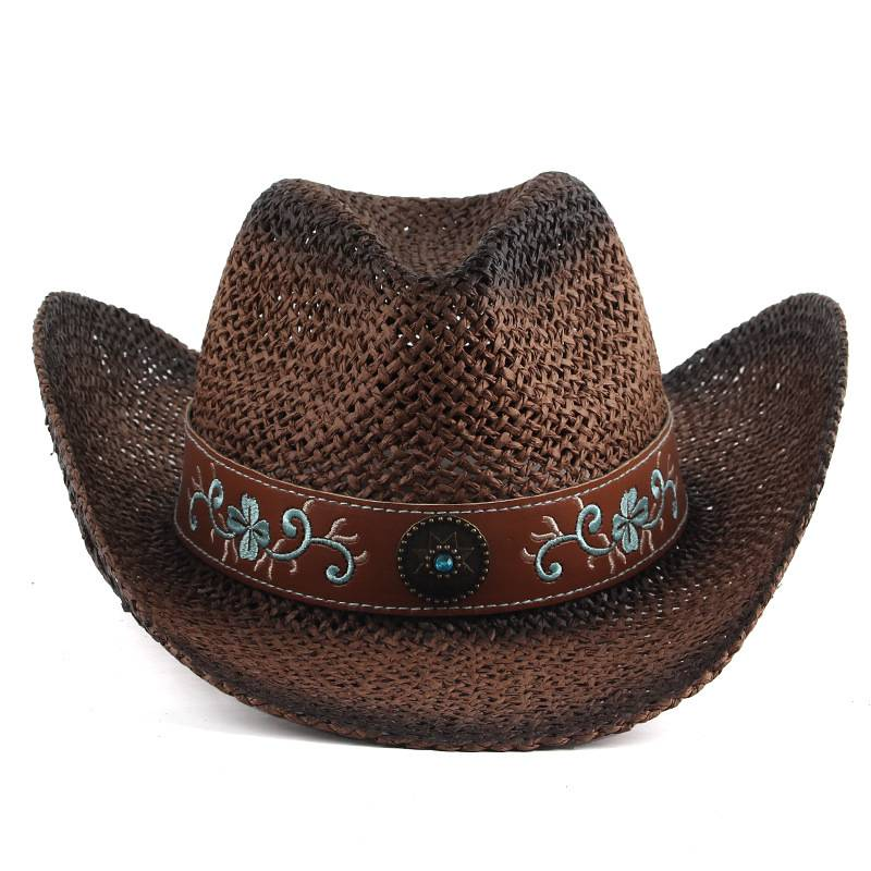 Factory direct sales papyrus hand-knitted hat breathable hollow curved rim denim straw hat embroidered accessories outdoor retro jazz hat_voghion.com