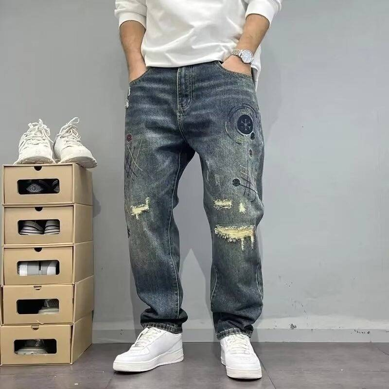 Îmbrăcăminte pentru bărbați, marcă de modă, largi, drepte, rupte, de primăvară și toamnă, cu plasture, pantaloni conici pentru bărbați, retro, învechiți_voghion.com