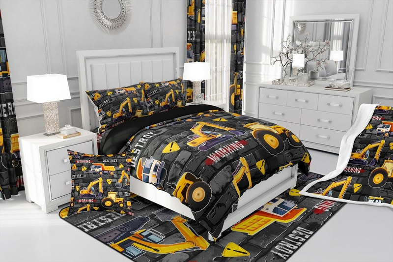 Excavator Duvet Cover Set Double Size For Kids Boys Teens Construction Vehicles Bedding Set Equipment Trucks Comforter Cover With 2 Pillowcases _voghion.com