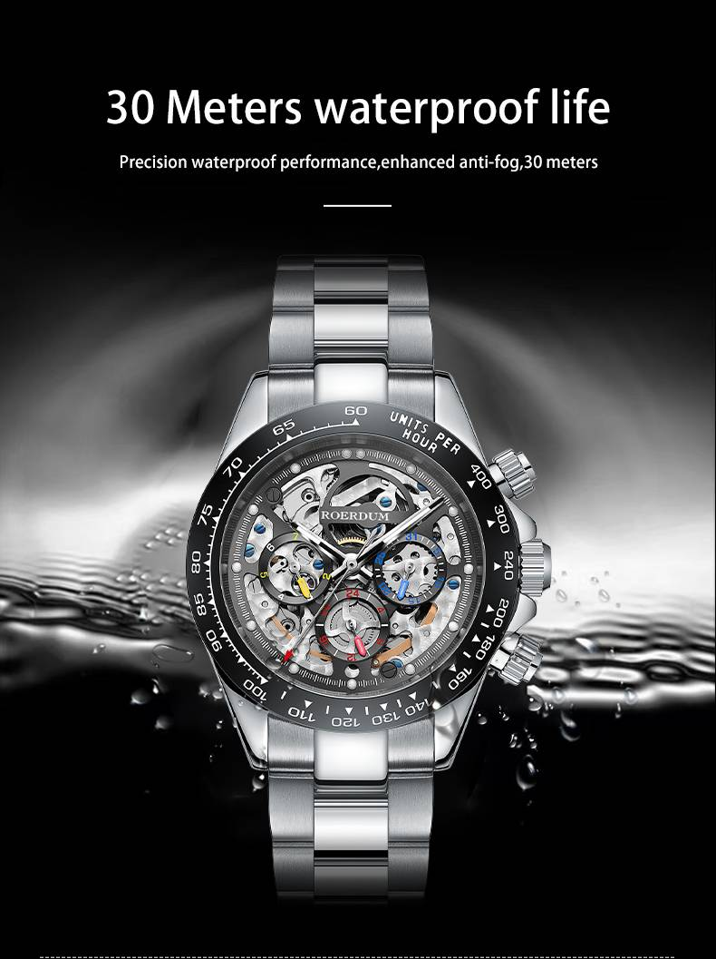 Orologio meccanico da uomo ROERDUM Daytona Series con movimento meccanico, bracciale in acciaio inossidabile e quadrante nero._voghion.com