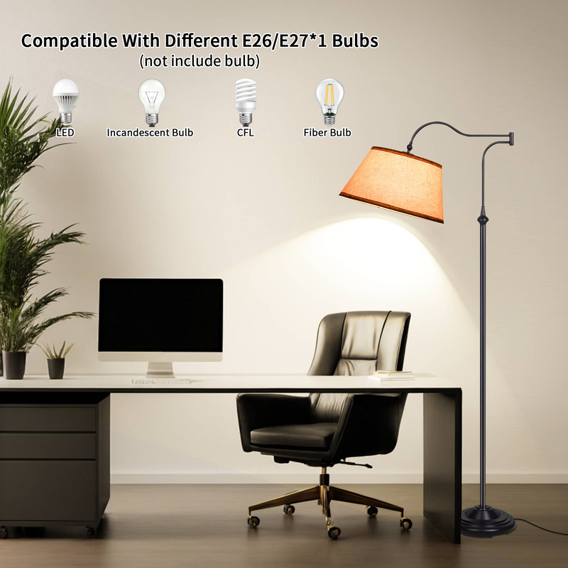 Lampadaire cantilever, lustre sur pied avec bras pivotant réglable à 180°, avec abat-jour en lin, pour salon, bureau, chambre à coucher, lecture_voghion.com