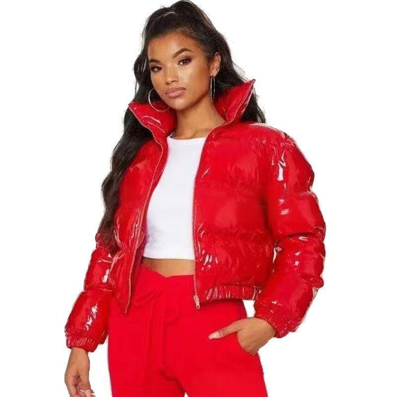 Puff Sleeve Winter Coat For Women - Shiny Quilted Jacket With Stand Collar, Lightweight Warmth, Trendy Streetwear & Office Wear_voghion.com