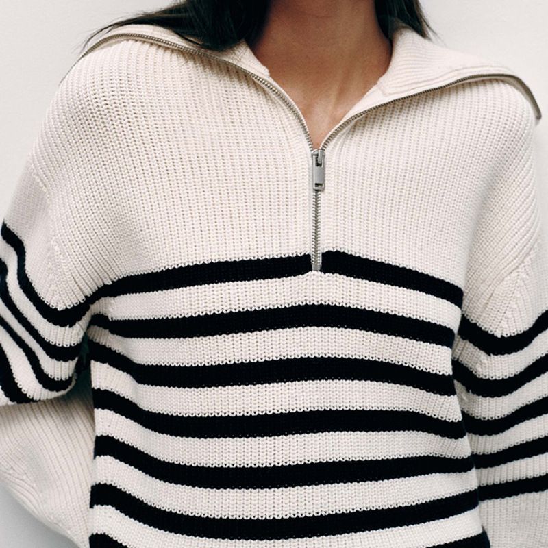 Gestreifter Rollkragenpullover aus Wollmischung für Damen – Dicker, übergroßer Strickpullover mit Laternenärmeln und Reißverschlussdetail_voghion.com