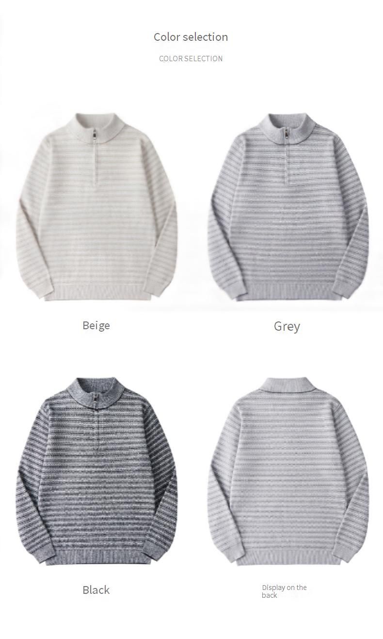 Maglione invernale da uomo in maglia jacquard con cerniera, motivo a blocchi di colore e a righe, strato di base spesso da 320 g, vestibilità ampia e collo alto._voghion.com