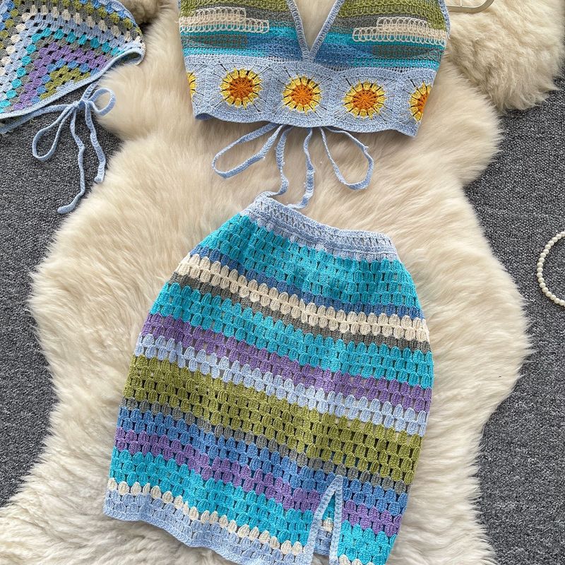 Ensemble de plage pour femme, tenue d'été, pur désir, caraco dos nu + jupe en maille ajourée colorée_voghion.com
