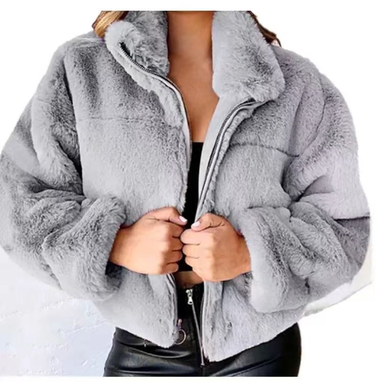 Damenjacke aus Kaninchenfellimitat mit Reißverschluss, eleganter Stehkragen, Mantel-Stil, Winterbluse, ethische pelzähnliche Oberbekleidung_voghion.com