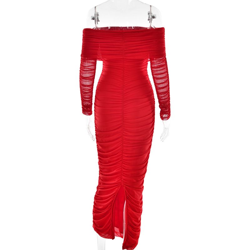 Damenbekleidung Neues Mesh-Kleid mit einer Schulter und Plissee, schlanker, langärmliger, hüftgewickelter langer Rock für Damen_voghion.com
