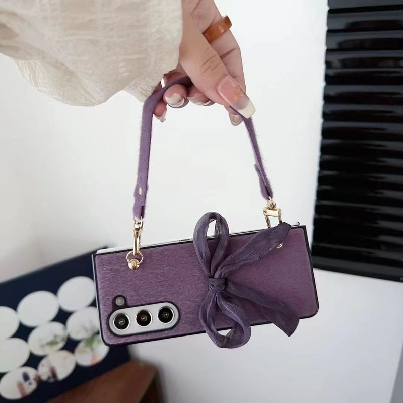 For Samsung Galaxy Z Fold 3 4 5 Luxury Soft Fur Hair Cute Bow Knot Strap Chain Wrist Phone Case Cover_voghion.com