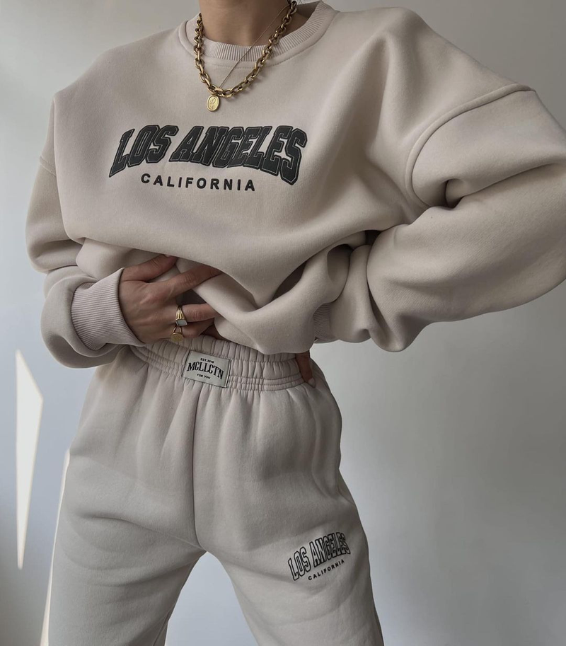 Damenbekleidung Lässiger, modisch bedruckter, verdickter Anzug plus Samt-Sweatshirt mit langen Ärmeln_voghion.com
