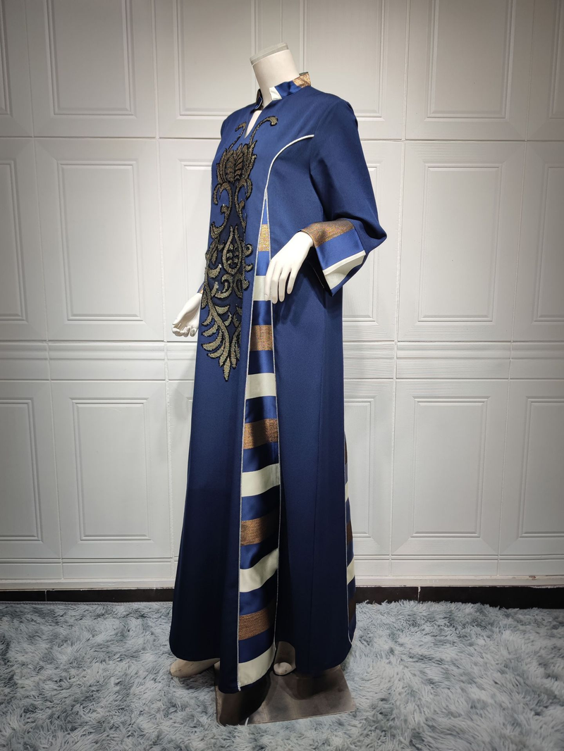 Kvinders broderede stribede abaya muslimske muslimske abaya_voghion.com