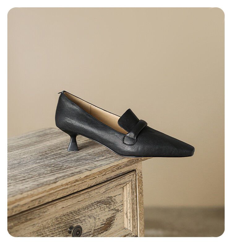 Punta quadrata, tacco sottile, bocca bassa, morbida pelle di pecora, da donna, stile unico 2025, nuovo, temperamento minimalista francese, di alta gamma_voghion.com