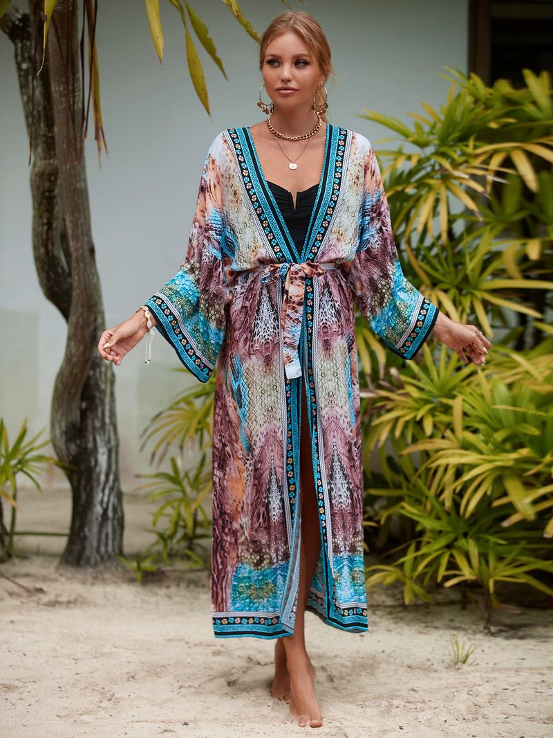 Women's Beach cover-up rayon positioning printed cardigan holiday sun protection shirt _voghion.com