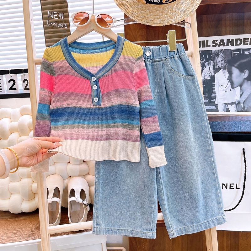 Vêtements pour enfants 2024 printemps et automne nouveau costume pour filles pull arc-en-ciel jean droit costume deux pièces_voghion.com