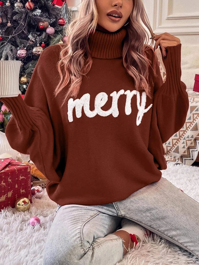 Damenbekleidung, Weihnachts-Rollkragenpullover, lockere Fledermausärmel-Oberbekleidung, Pullover-Oberteile für Damen_voghion.com